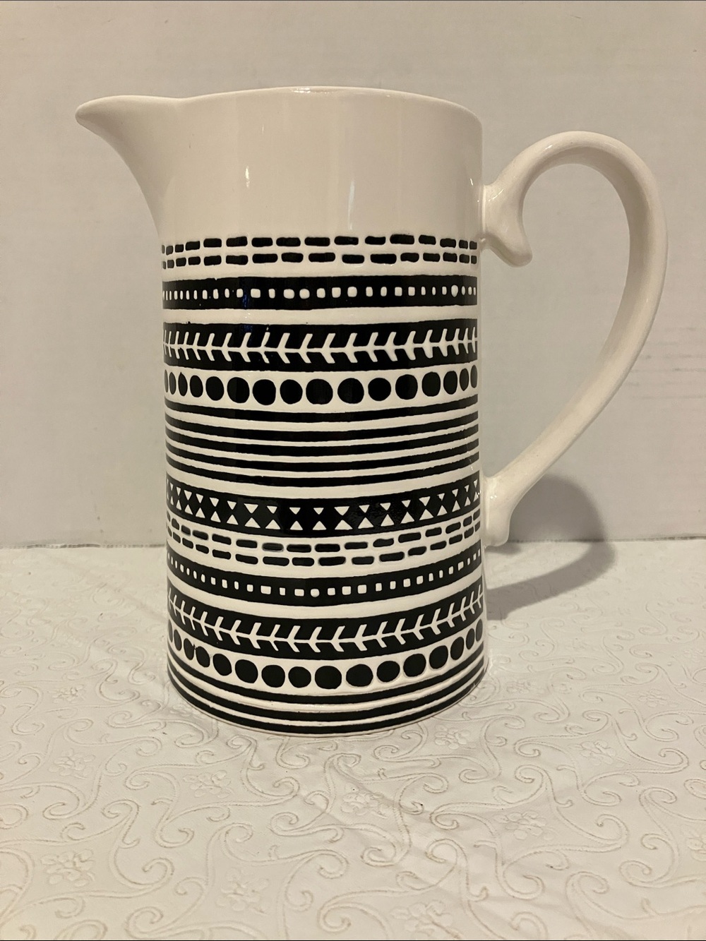 Black & White Ceramic Pitcher with Graphic Stripe Pattern
